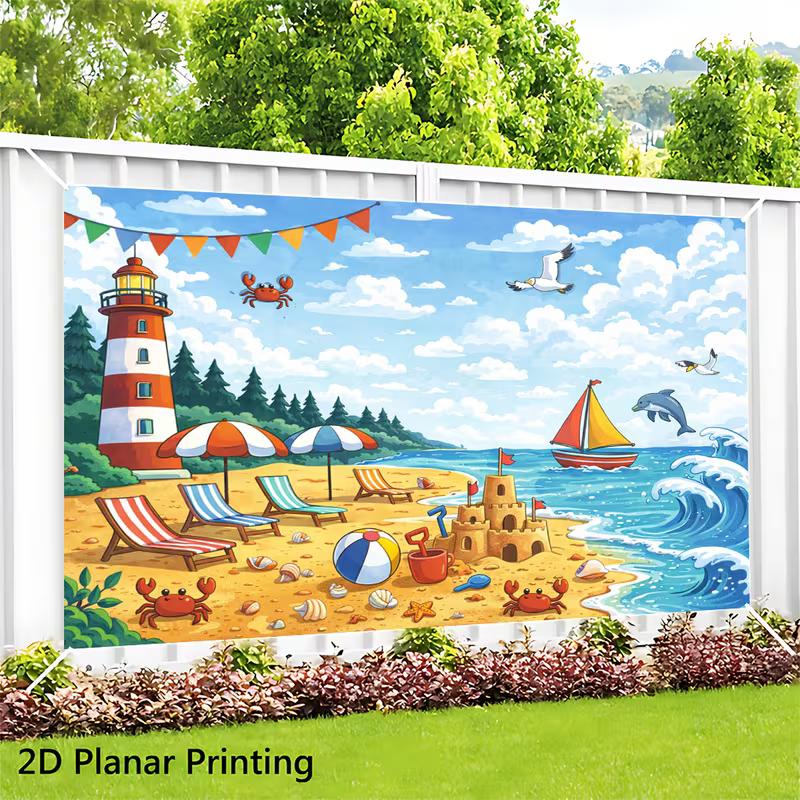 2D Summer Beach Scene with Crab & Dolphin Photoshoot Background