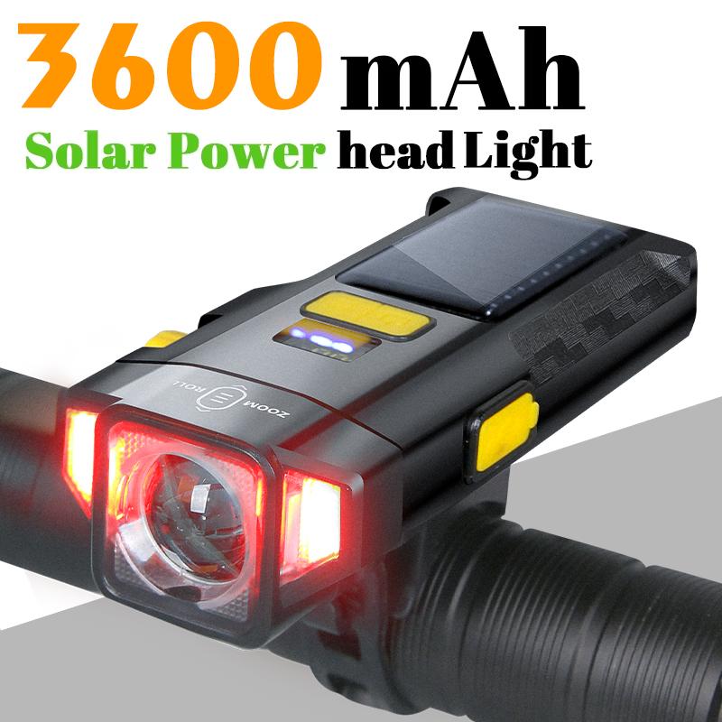 Bike Zoom Headlight 3600mAh Solar Power Bicycle Front Light Highlight LED Light with COB Red Side Lamp Durable Cycling Lights