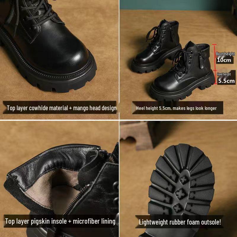 2025 Women's Retro Thick-Soled Brown Leather Motorcycle Martin Boots for Autumn/Winter