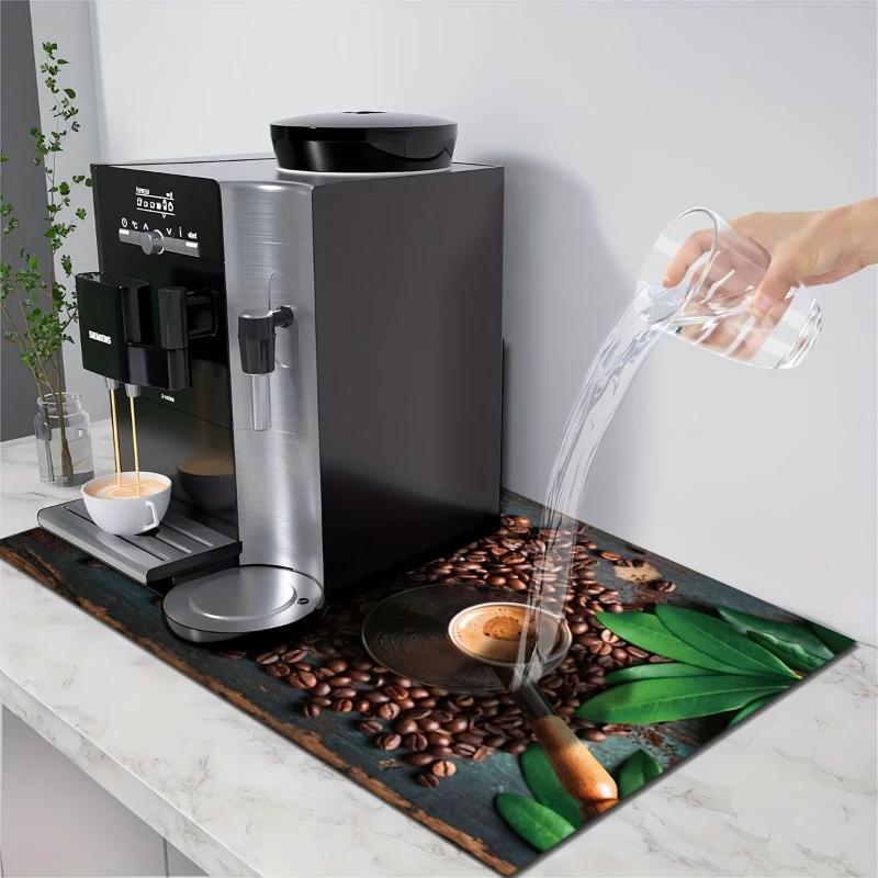 Retro Coffee Patterns Drain Mat Absorbent Rubbermat Kitchen Counter Bar Supplies Hiding Stains Protecting Cutlery Fashion Design