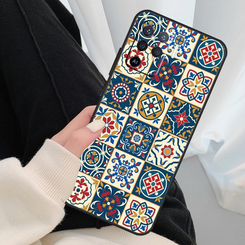 Square Turkish Flower Tiles Case For Oppo A17 A57 A77 A40 A78 A54 A74 A94 A76 A16 A96 A18 A60 A80 A38 A58 A98 A15 A5 Pro