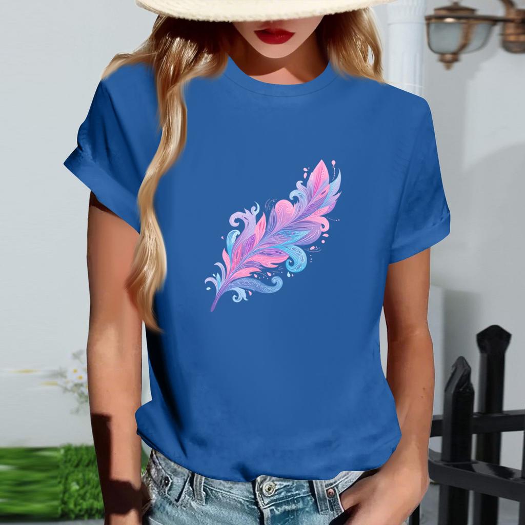 Women's Fashionable Round Neck Casual Retro Print Short Sleeved T-shirt Top