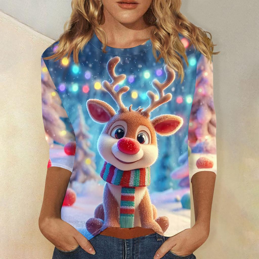 Dámské módní a ležérní top s tříčtvrtečním rukávem a vánočním potiskem s kulatým výstřihem