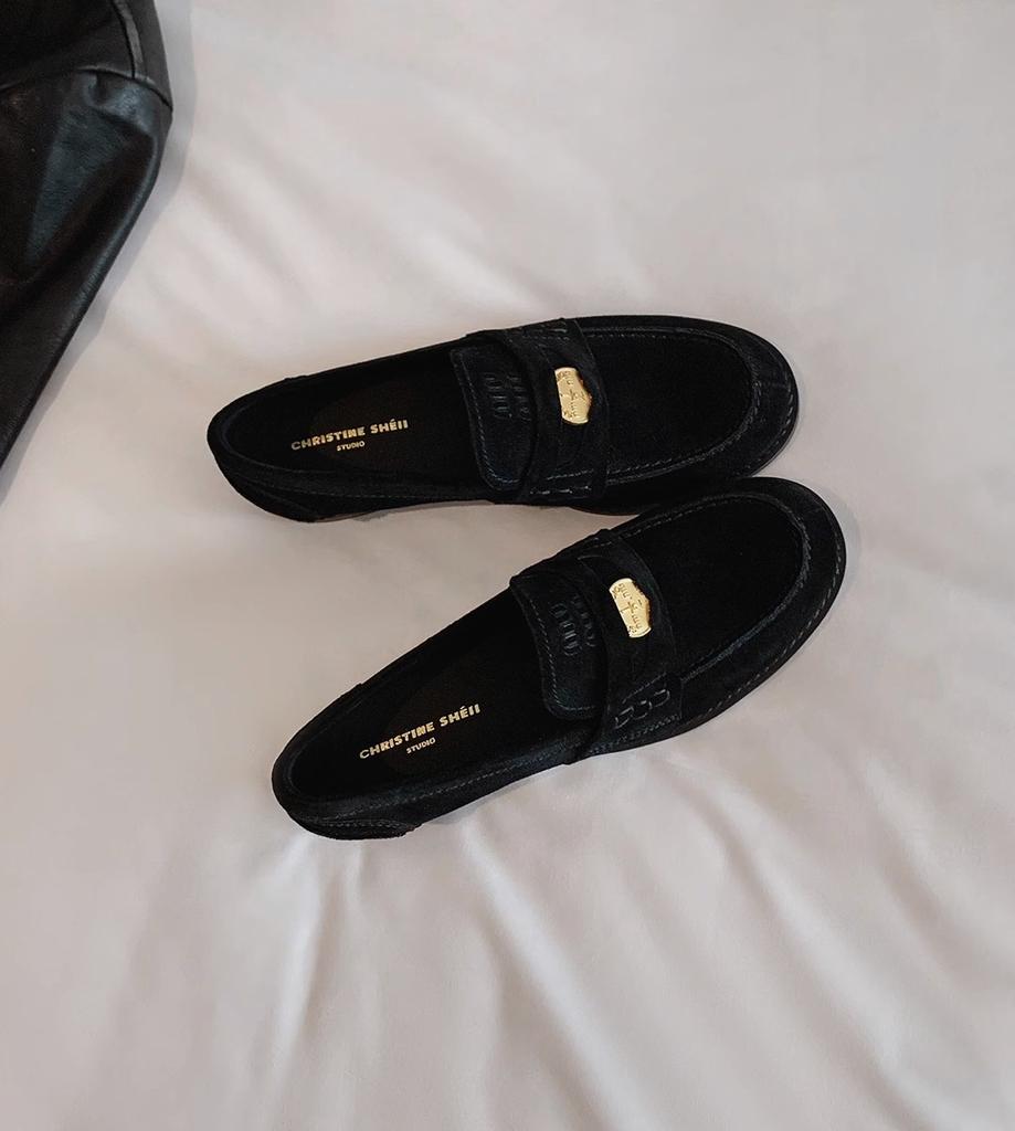 All cowhide leather retro round head small gold coin lazy British style loafers shoes women's leather platform small leather shoes