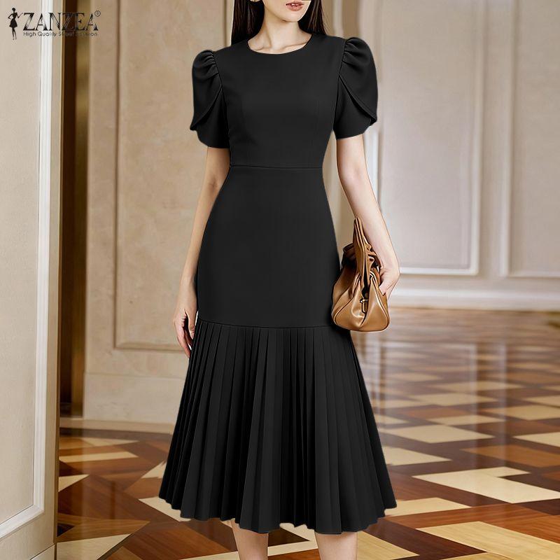 ZANZEA Women Casual Round Neck Short Sleeve Pleated Dress