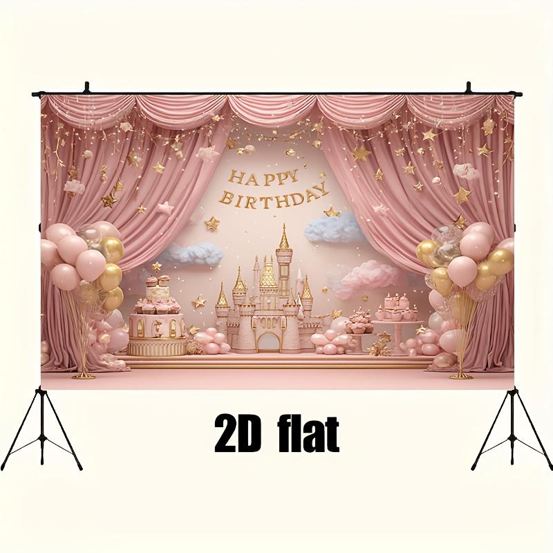1 Piece 2D Flat Banner - Fantasy Castle Birthday Party Background: Stars, Balloons and Clouds Surround It.