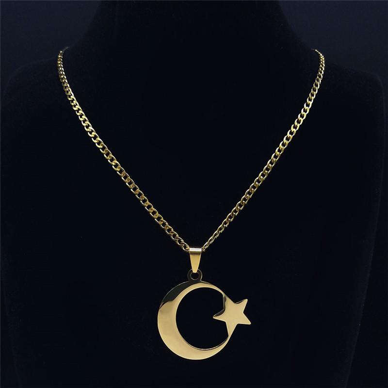 Muslim Islamic Crescent Moon Star Stainless Steel Chain Necklaces for Women Gold Color Pendant Necklace Amulet Jewelry Gift