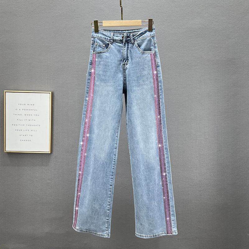

2023 New High Waist Vertical Bar Hot Drilling Jeans Light blue XL