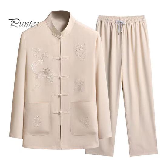 2 Pcs/Set Men Shirt Pants Set Chinese Tang Suit Stand Collar Single-breasted Loose Patch Pockets Elastic Waist Wide Leg Solid Color Mid-aged Men