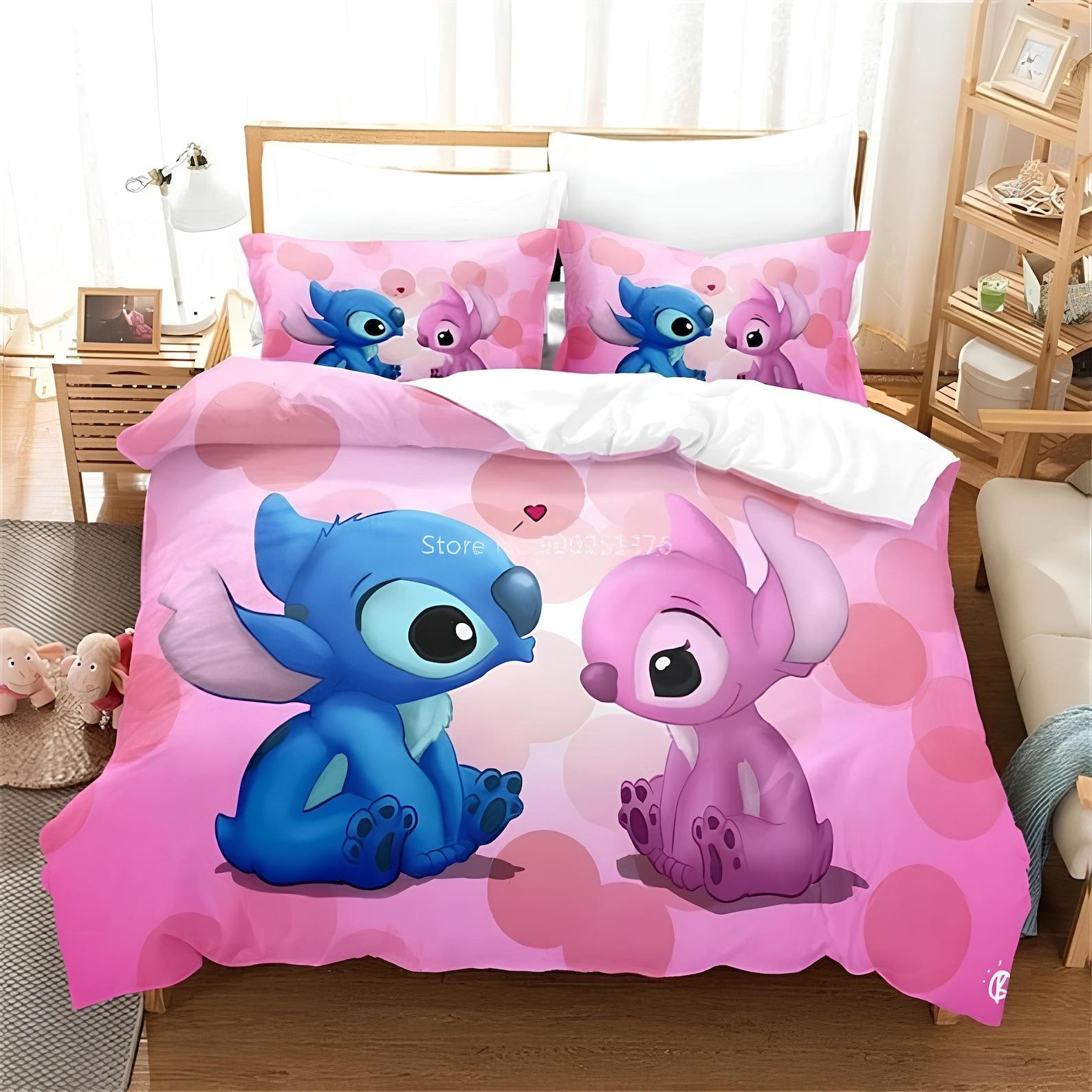 Lilo and Stitch Angel Pink Blue Bedding Set, Cartoon Microfiber Duvet Cover 135x200cm