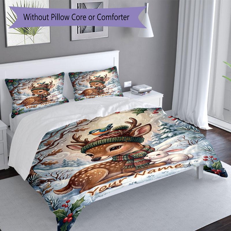 3PC Custom Name Winter Wonderland Scene Bedding Set Duvet Cover Closure Includes 1 Duvet Cover & 2 Pillowcases for Bedroom