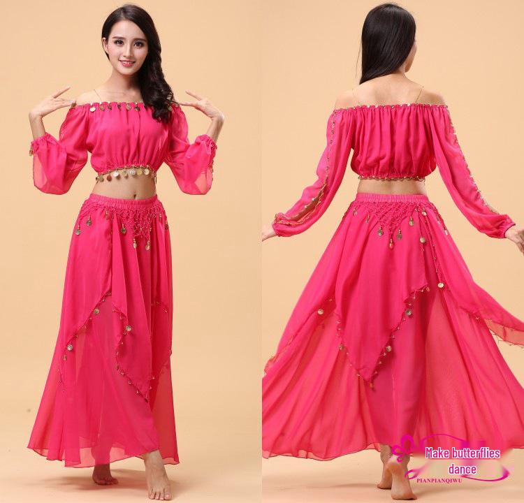 Adult Belly Dance Performance Set - Indian Style, Lantern Sleeve, Coin Skirt Practice Costume