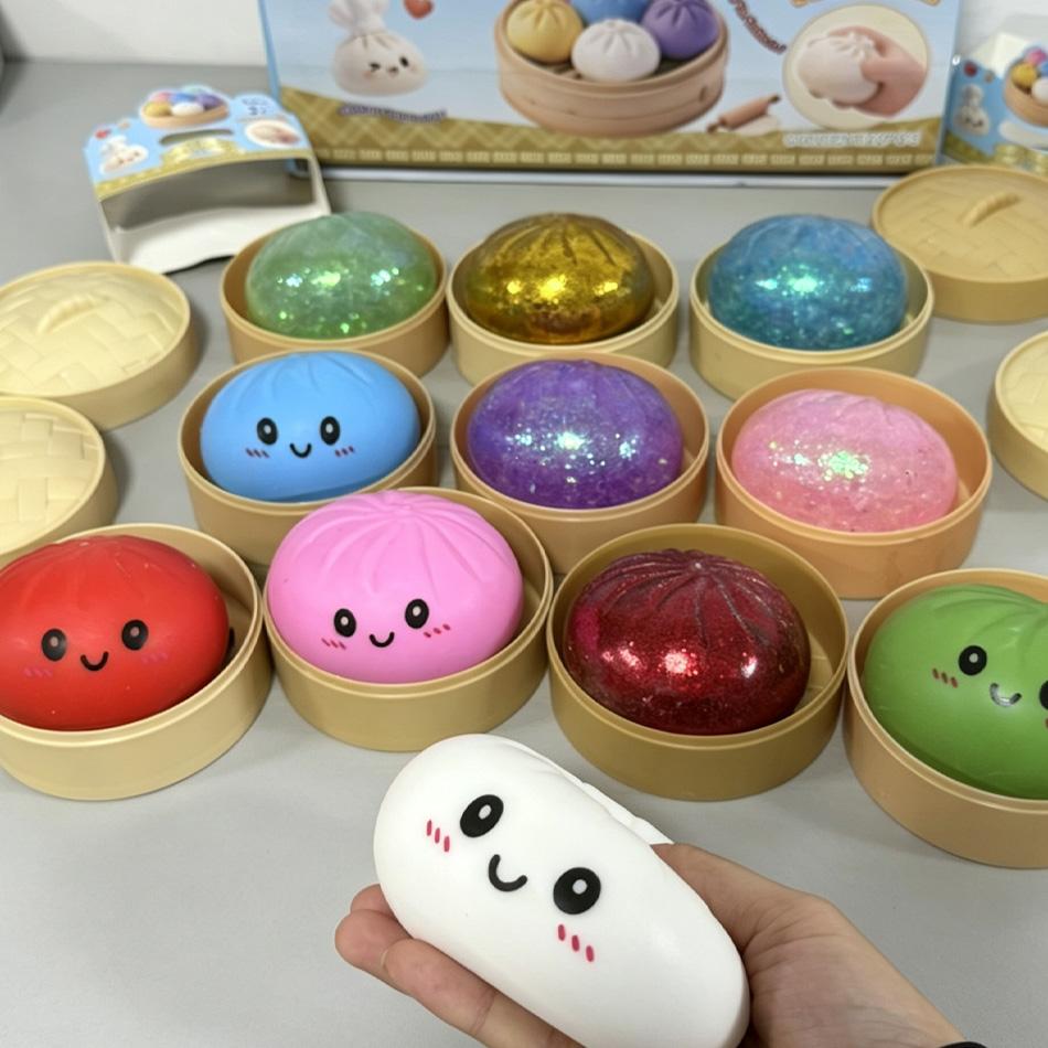 Topmix White/Green/Purple Glitter Dumpling Squishies Toy Bun Baozi Dumpling Mystery Box Colorful Food Squishy Sensory Fidget Toy Anti Stress Squeeze Balls