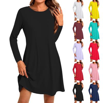 Women's Fashion Casual Solid Color Round Neck Long Sleeve Short Side Pocket Dress