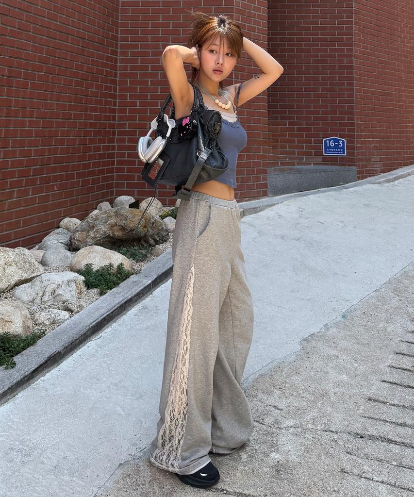 ERER Sheer Lace Panel Sweatpants Melange Gray