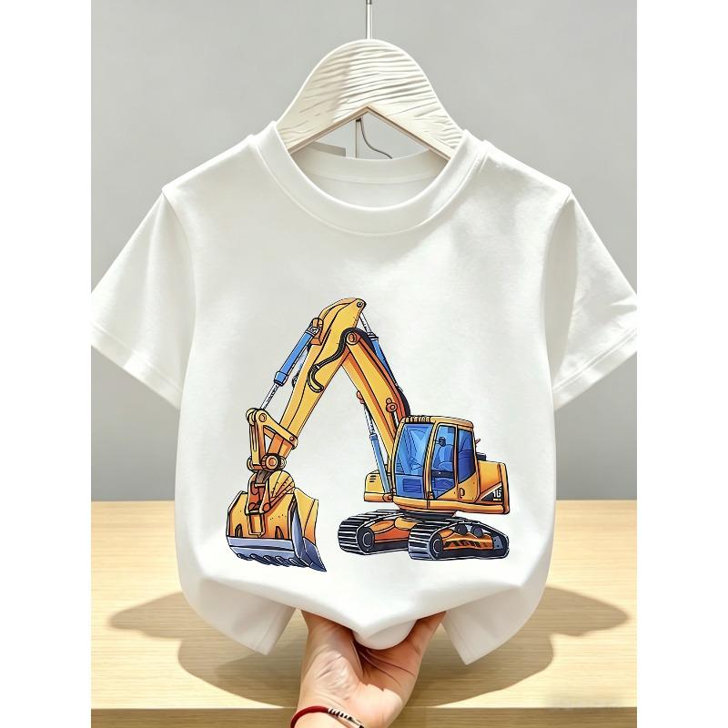European sizes Boys  Short Sleeve T-Shirt, Cotton, Soft, Breathable, Skin-Friendly, Comfortable, Daily Casual Wear, Cartoon Excavator Print 110 белый