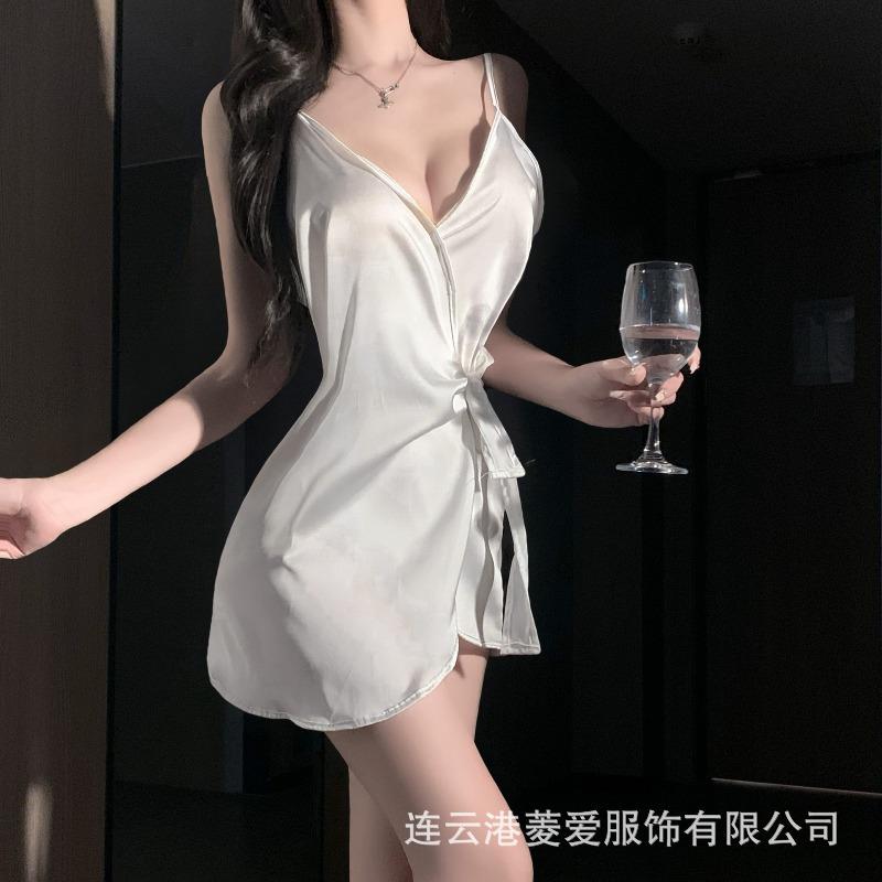 Sexy Lingerie Satin Deep V Sexy Pajamas Open Lapel Lace-up Flirting Nightgown Pure Desire Silky Suspender Set