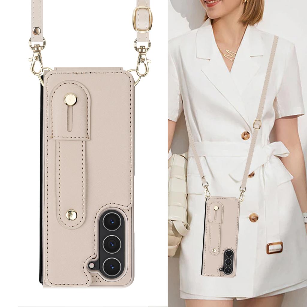 Crossbody Wristband Wallet Leather Case For Samsung Galaxy Z Fold 7 6 5 4 5G Double Magnetic Button Card Slot Wrist Design Cover