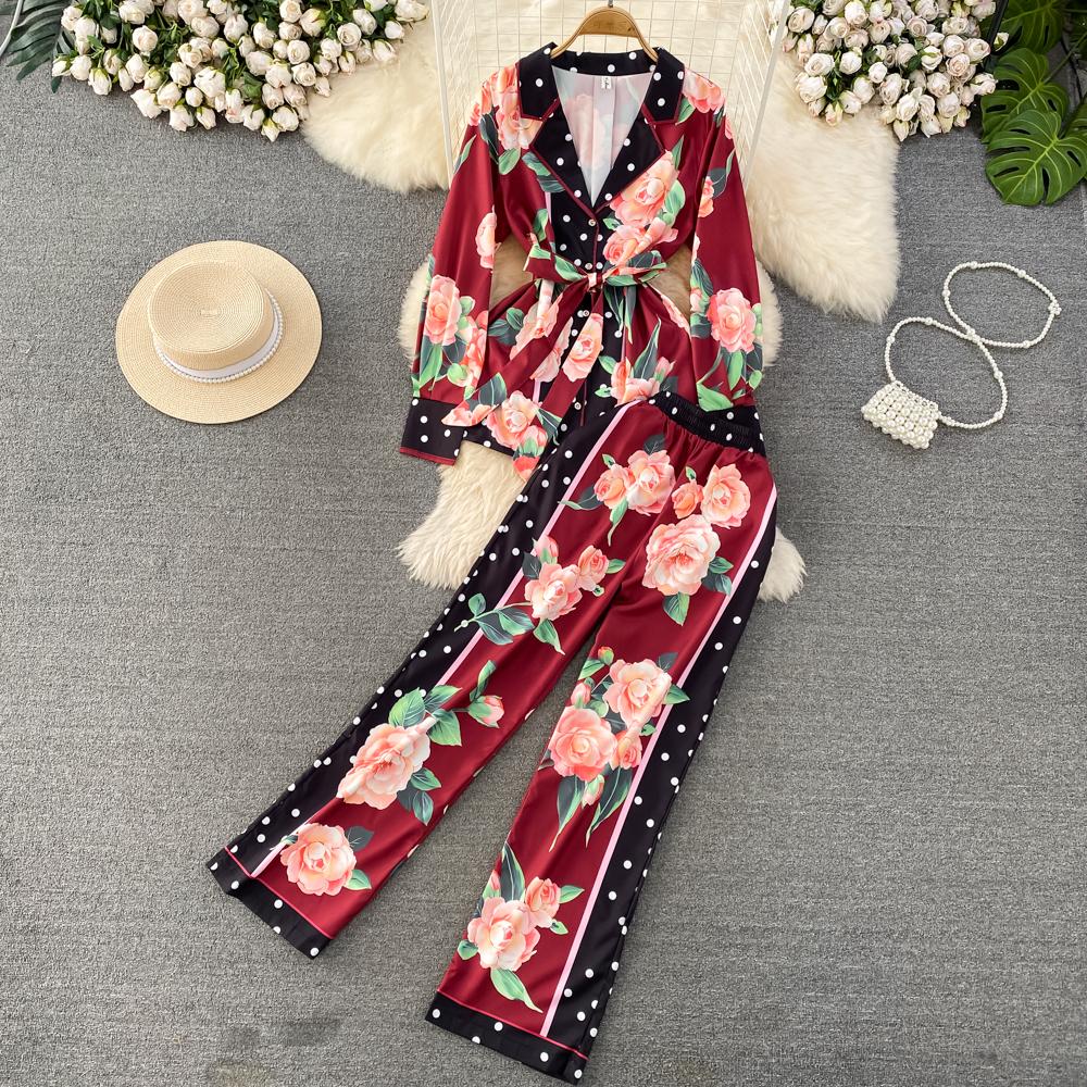

Новые брючные костюмы с цветочным принтом, женские повседневные блейзеры на шнуровке с надрезом и длинными рукавами + прямые брюки, комплекты из 2 предметов M