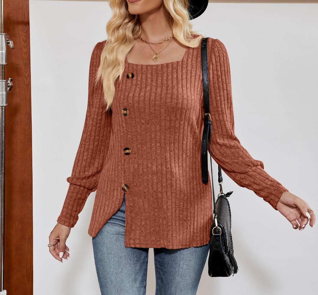 2026 Women's Spring/Summer Casual Ribbed Square Neck Long Sleeve Slit Sweater Top