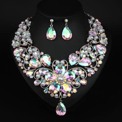 Exaggerated Crystal Flower Water Droplet Necklace Earring Set Women Dress Banquet Accessories