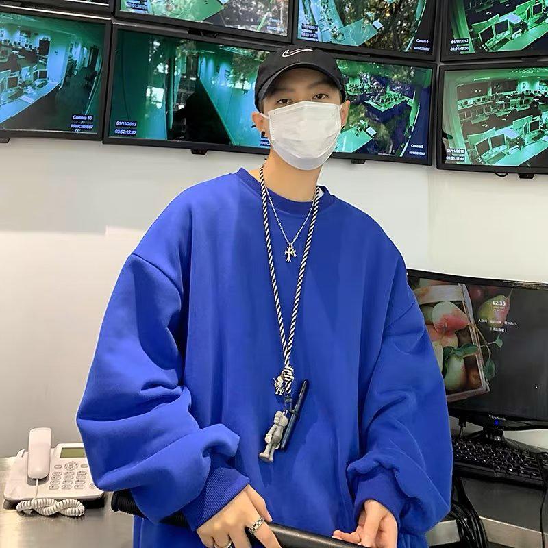 2024 Men’s Hong Kong-Style Solid Color Sweatshirt – Spring/Autumn, Loose Fit, Large Size, Round Neck, Trendy Korean Couple's Top