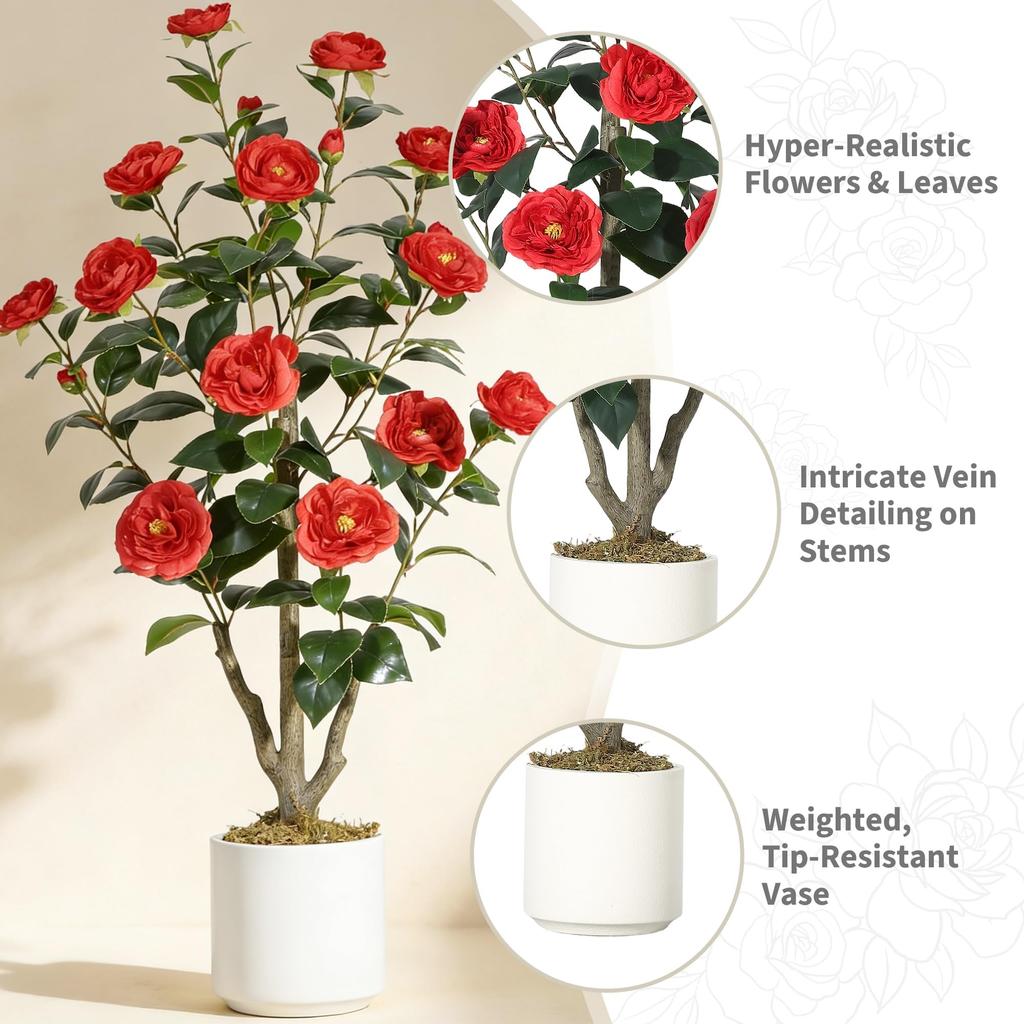 Artificial Camellia 3ft Fake Artificial Potted Silky Interior Living No Watering Required Plant, (approx. 90cm), Greenery, Flower, Plant, Leaves,
