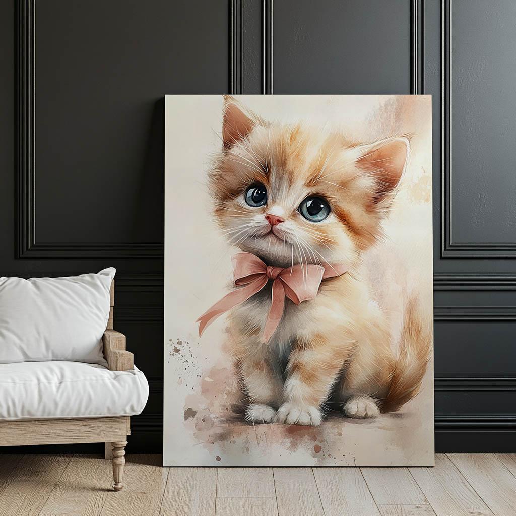 Cute Kitten With Pink Bow Cute Kitten With Pink Bow, 30X40 Cm, Unframed, Premium Canvas On Stretcher