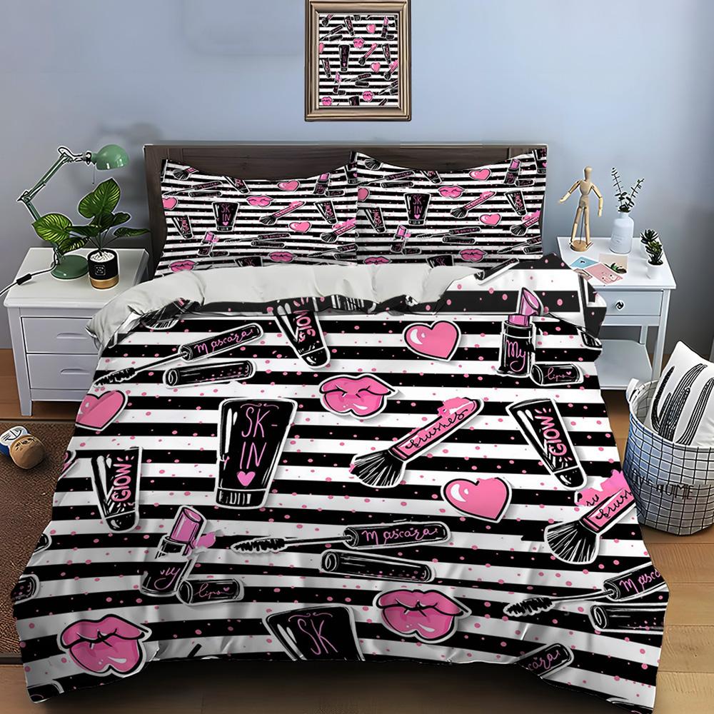 3PC Fashion Make Up Print Bedding Set Duvet Cover 1 Duvet Cover 2 Pillowcases Adult and Children Bedding Set Luxury Girls Gifts