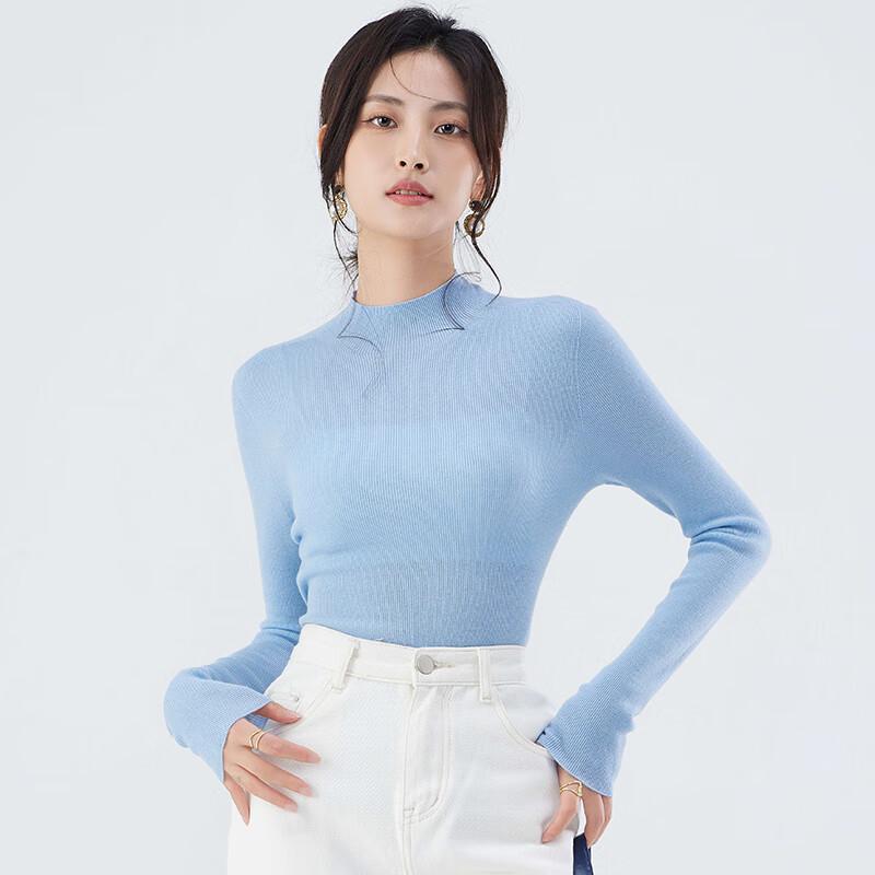 Women's 100% Pure Wool Semi-High Neck Slim-Fit Long Sleeve Sweater