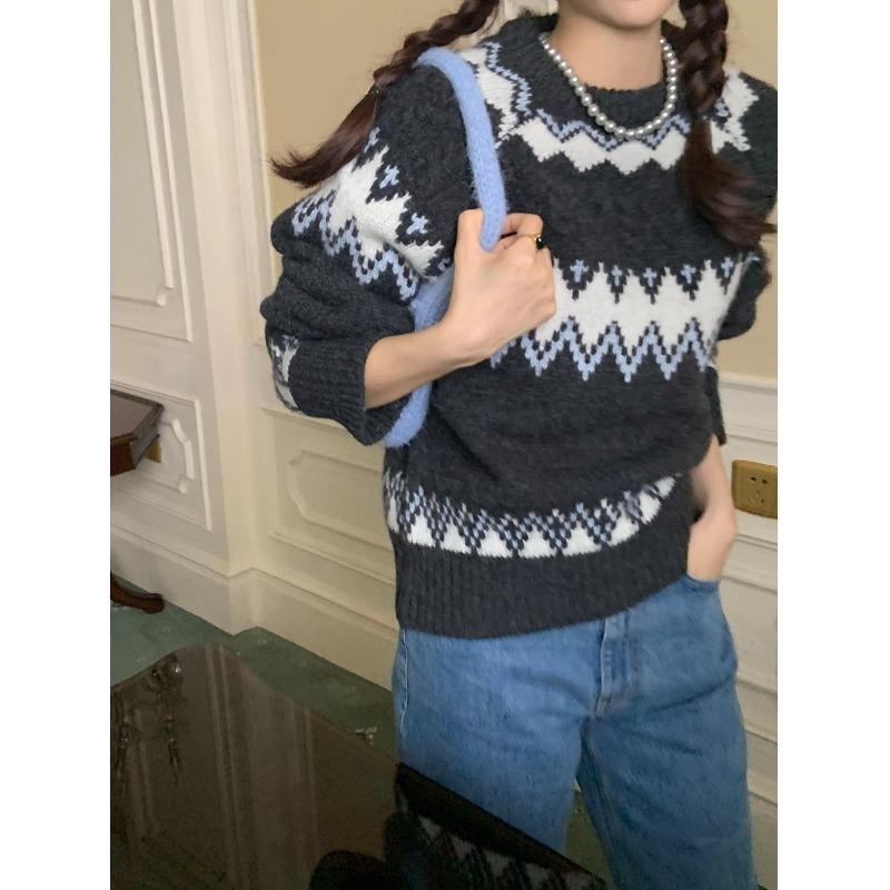 Retro jacquard contrasting sweater women's 1011 autumn and winter new round neck warm and lazy design knitted top