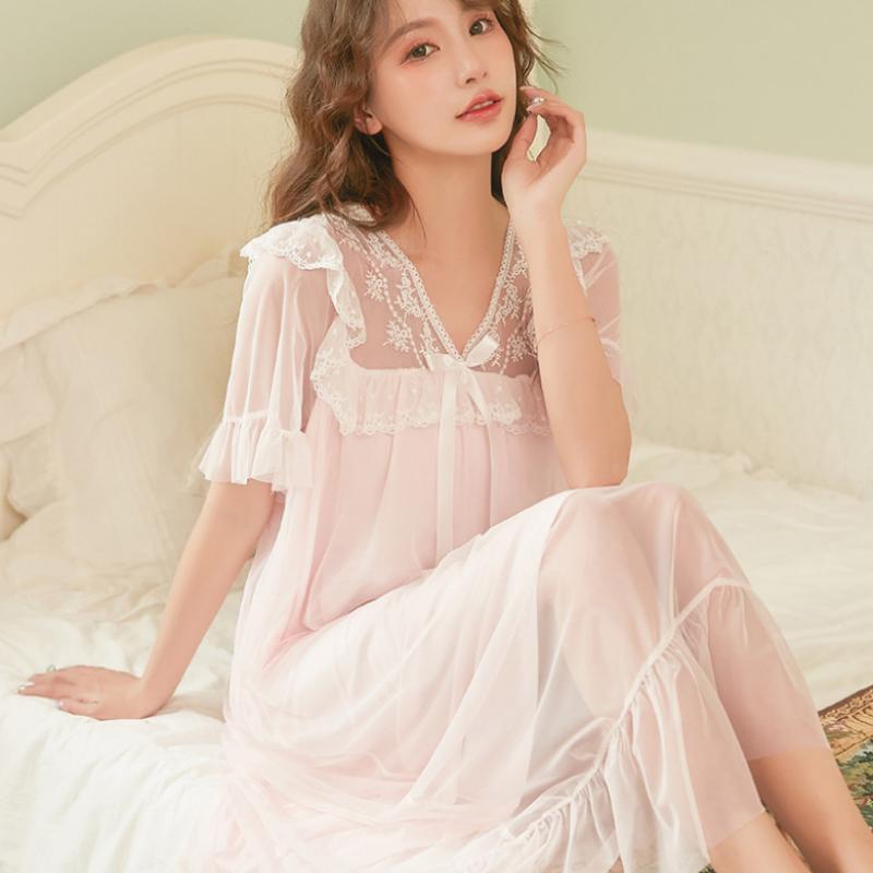 Síťované pyžamo Dámské s výstřihem do V Korejský Vintage Krajkový Elegantní Princezna noční košile s krátkým rukávem Domácí oblečení Midi šaty