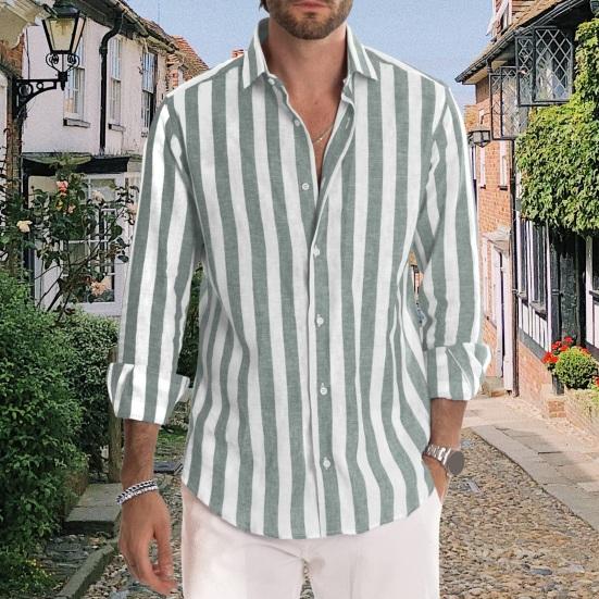 

Yousheng Men Spring Fall Shirt Turn-down Collar Single-breasted Contrast Color Striped Print Long Sleeve Loose Fit Cardigan Casual Daily Wear Top