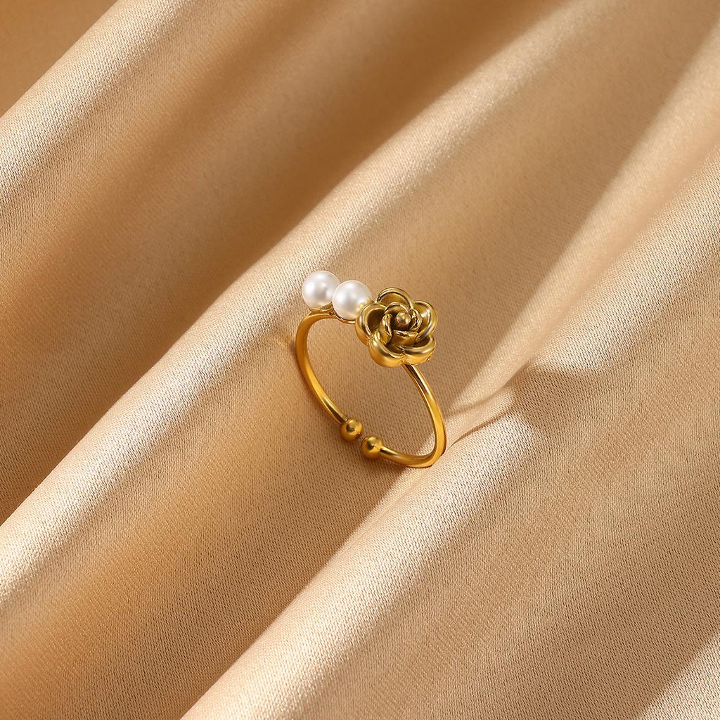 Mini Gold Color Opening Rings Cute Women Zirconia Imitation Pearl Anillos Flower Stainless Steel Ring Romantic Proposal Jewelry