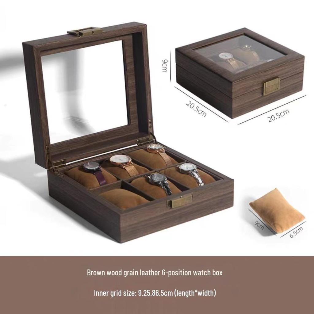 Dustproof Wood Grain Leather Jewelry Watch Box with Glass Display Top