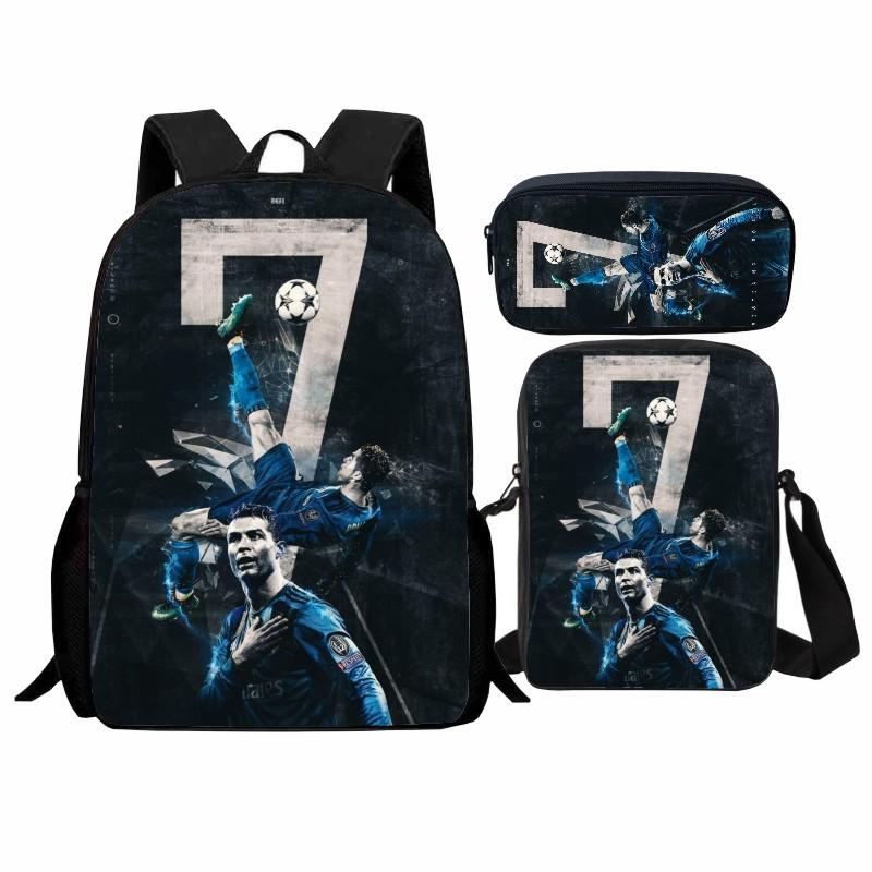Printed Football Star Student Schoolbag Three-piece Set, Casual Cr7 Backpack, Messenger Bag, Pencil Bag, Men and Women