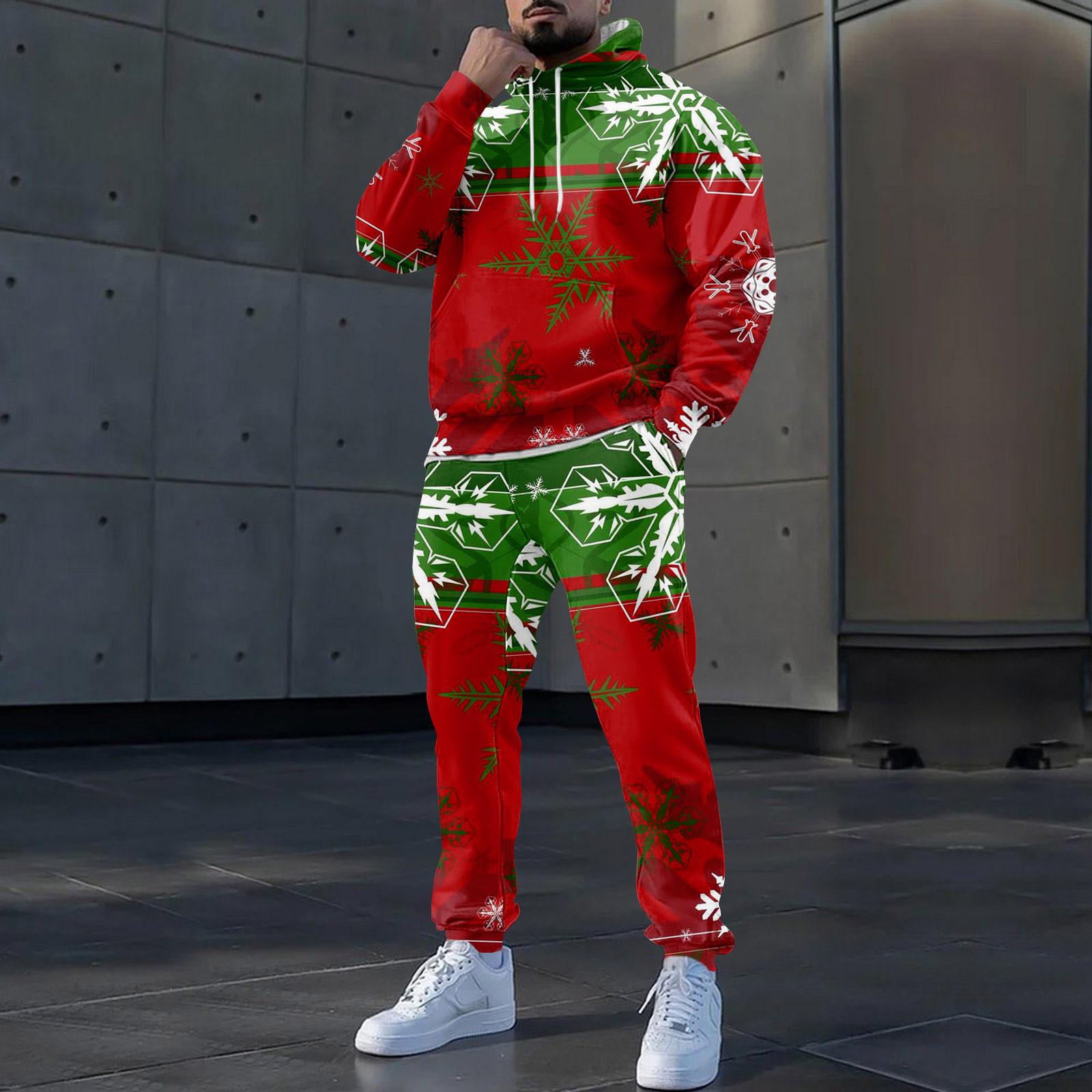 

Мужские зимние рождественские принты с длинным рукавом толстовки с капюшоном толстовка брюки костюм XXL киноварь