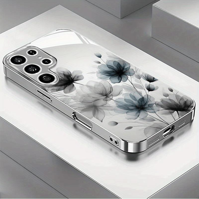 Black color flower pattern electroplated silver Phone Case for Samsung Galaxy S26 S25 S24 S23 S22 S20 FE/Ultra/Plus anti Cover