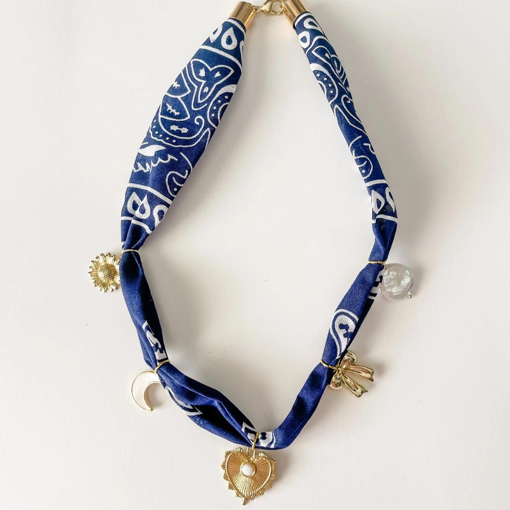 Bohemian Printed Silk Scarf Necklace Retro Metal Love Shell Pendant Cloth Strip Splicing Trendy Jewelry
