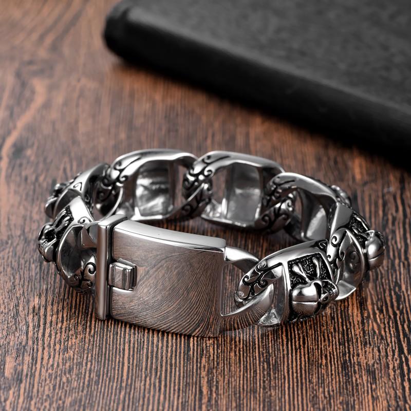 Stainless Steel Skull Bracelet Men Punk Hip Hop Style Geometric Biker Accessory Adjustable 22.5cm Polished