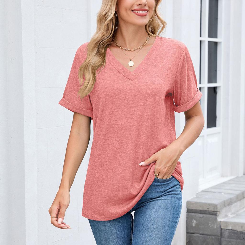 Women's Fashion Color V-neck Short Sleeved Loose Fitting Pullover T-shirt Top