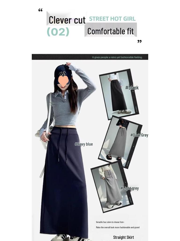 Women's Gray High Waist Slit Midi Skirt - Autumn A-line Draping Sweatshirt Style