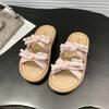Thick-soled women's outer slippers, new in summer 2025, not tired feet, pearl bow sandals, soft-soled beach slippers