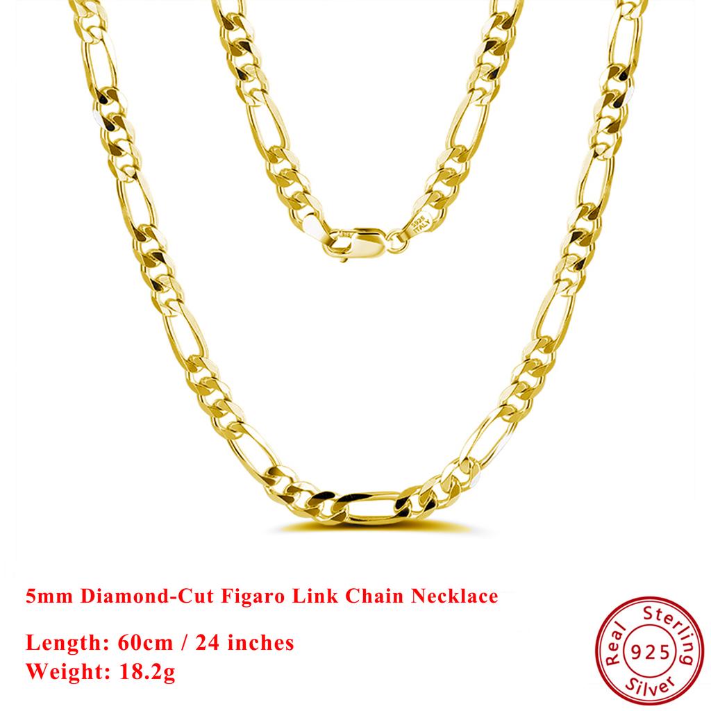 Effie Queen Italy Real 925 Silver Diamond-Cut Figaro Chain Necklace 5mm Wide 40-60cm Long Woman Man Neck Chain Jewelry Gift SC34