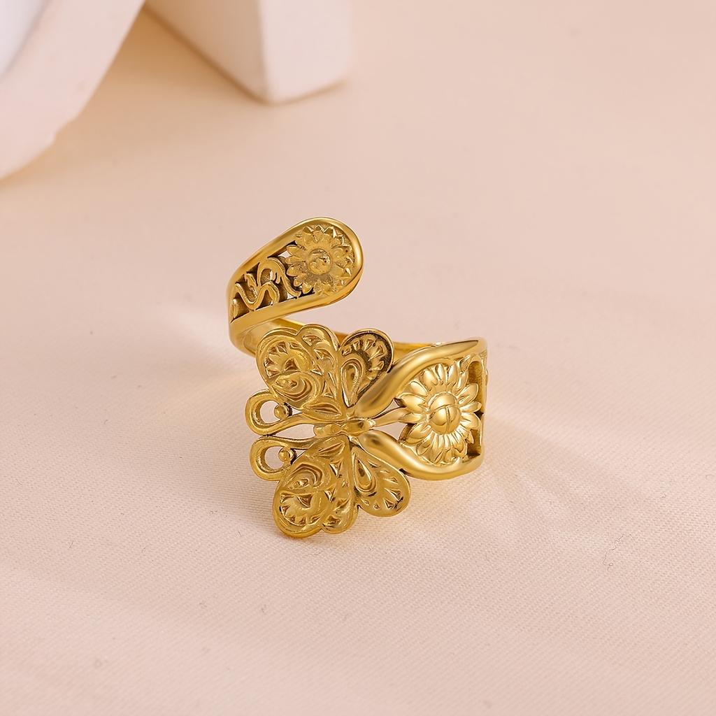 Broad Surface Rings For Women Open Gold Color Stainless Steel Ring New Geometric Butterfly Sun Anillos Party Best Jewelry Gift