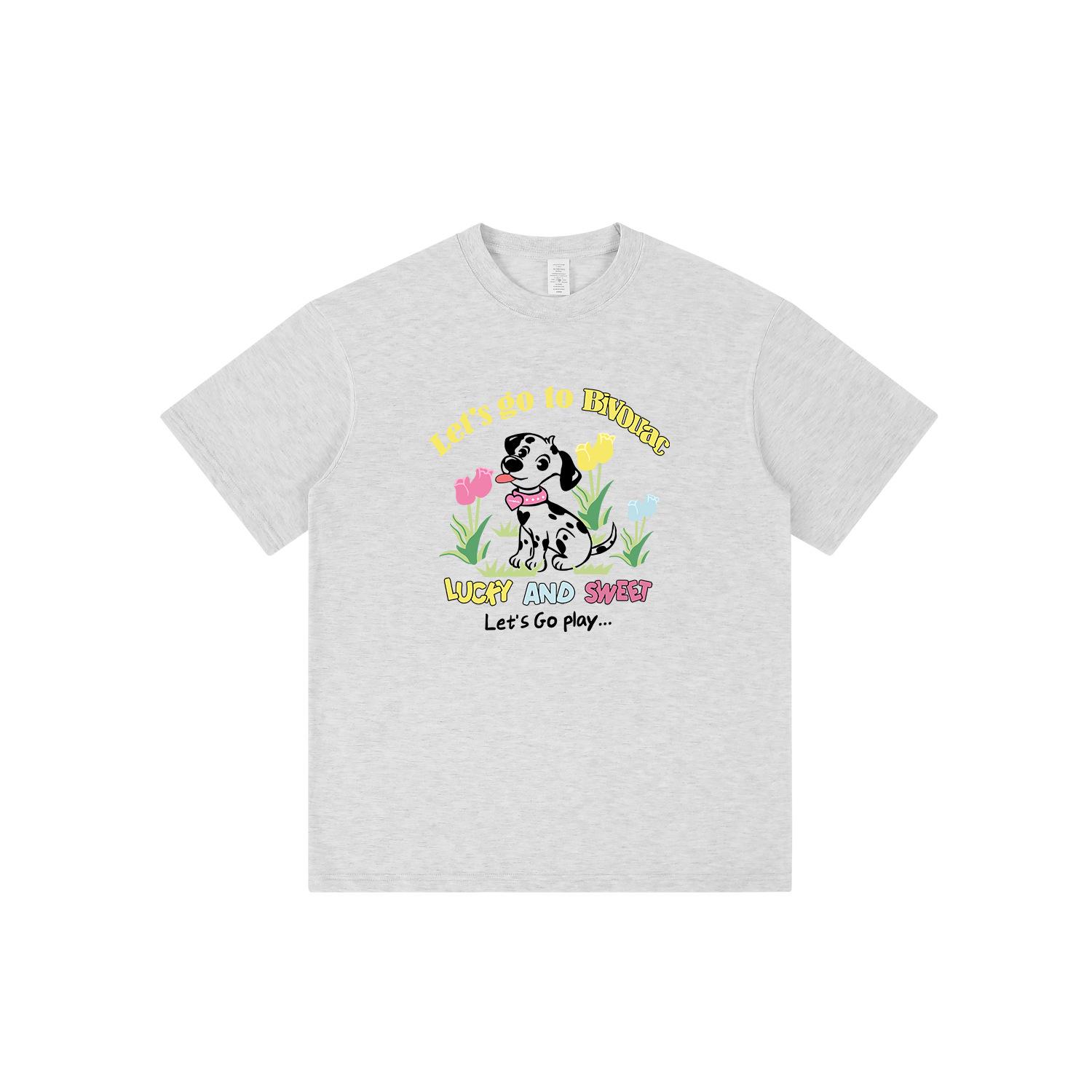 

Women s Vintage-Style Loose Summer T-Shirt with Dalmatian and Floral Print 2XL серый