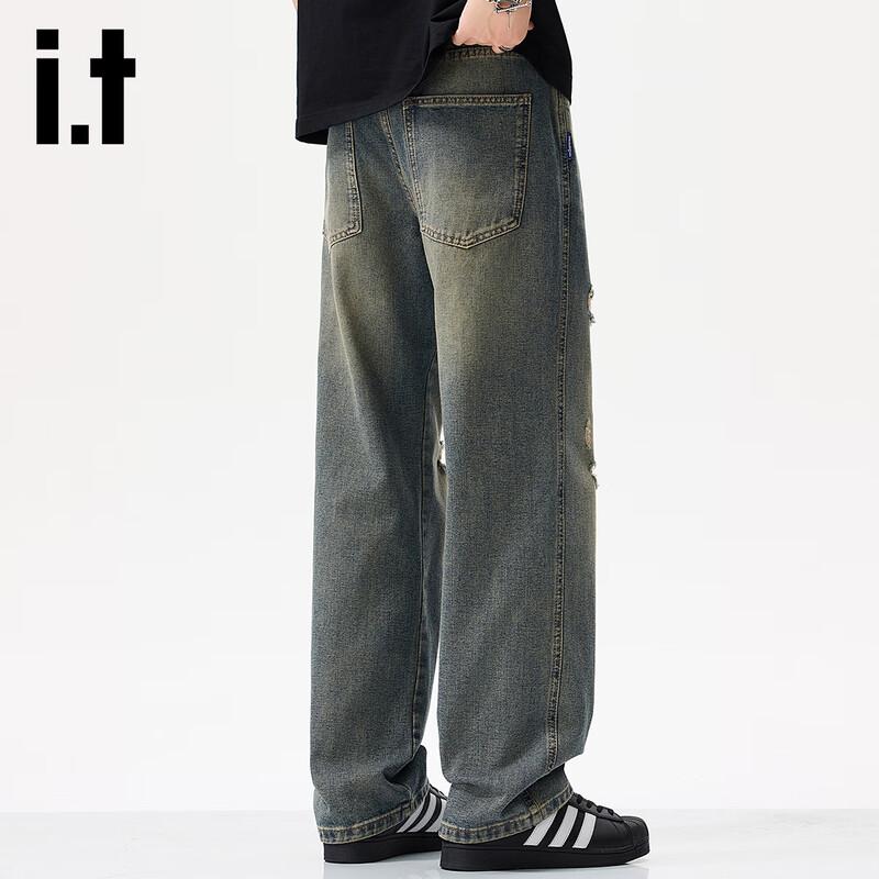 izzue it Men's Vintage Distressed Ripped Straight-Leg Jeans