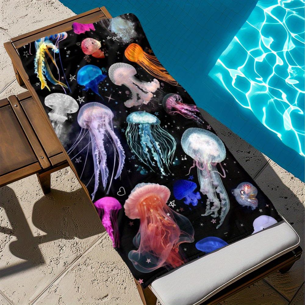 1pc Large Quick-Dry Beach Towel - Quick-Dry Absorbent Microfiber Towel with Colorful Jellyfish Print (Purple, Orange, Blue)