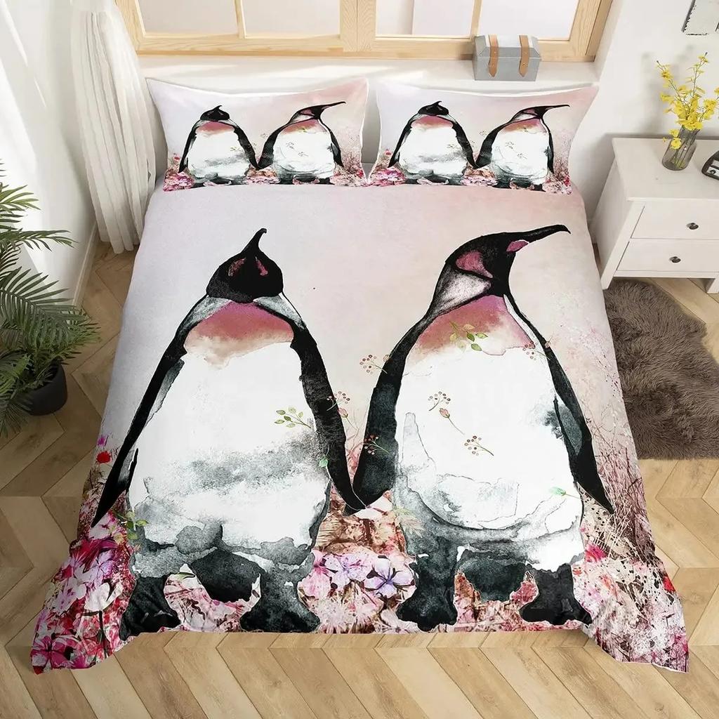 Penguin Duvet Cover Set Full Cute Animals Bedding Set Snow Decor Comforter Cover Set Cute Penguin Animal Quilt Cover Queen Size