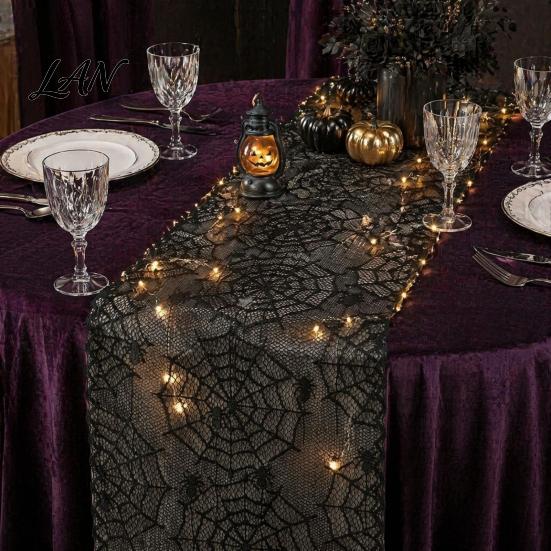 Gothic Spider Table Runner Cobweb Lace Runner, Black Web Covers for Parties Halloween Dining Table, Holiday Home Decor Vintage Overlay
